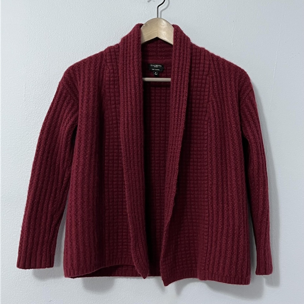 Talbots Cashmere Sweater Women Petite‎ Burgundy Red Open Front Cardigan